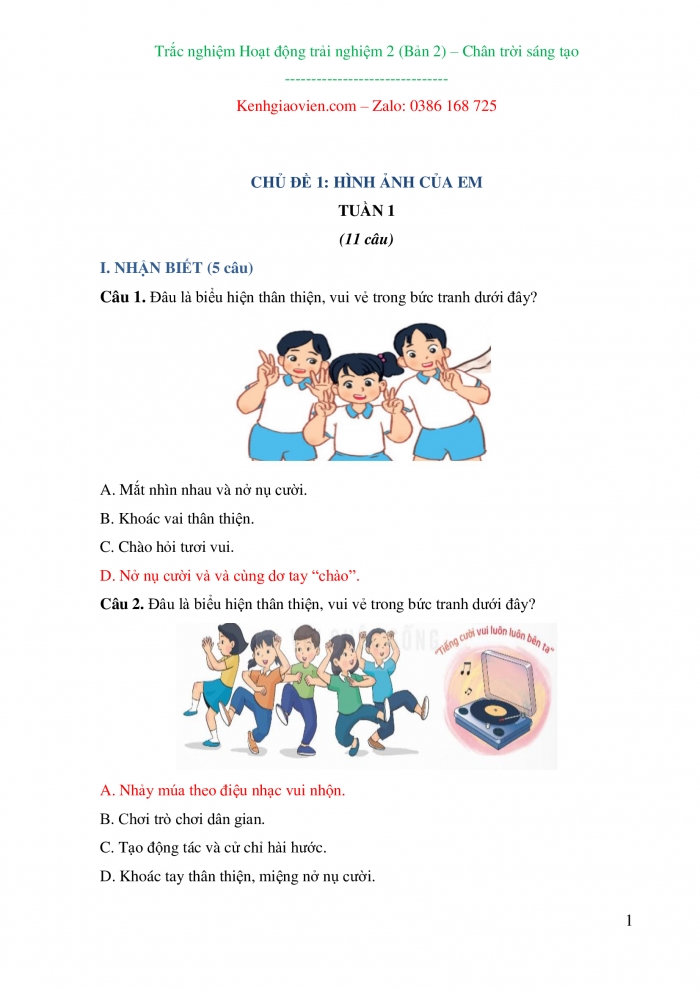 Trắc nghiệm Hoạt động trải nghiệm 2 chân trời sáng tạo bản 2