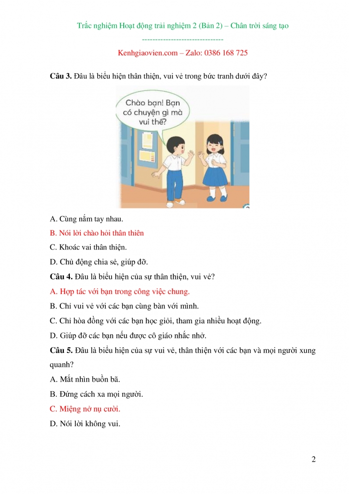 Trắc nghiệm Hoạt động trải nghiệm 2 chân trời sáng tạo bản 2
