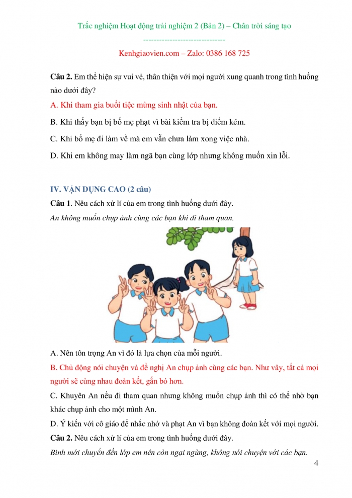 Trắc nghiệm Hoạt động trải nghiệm 2 chân trời sáng tạo bản 2