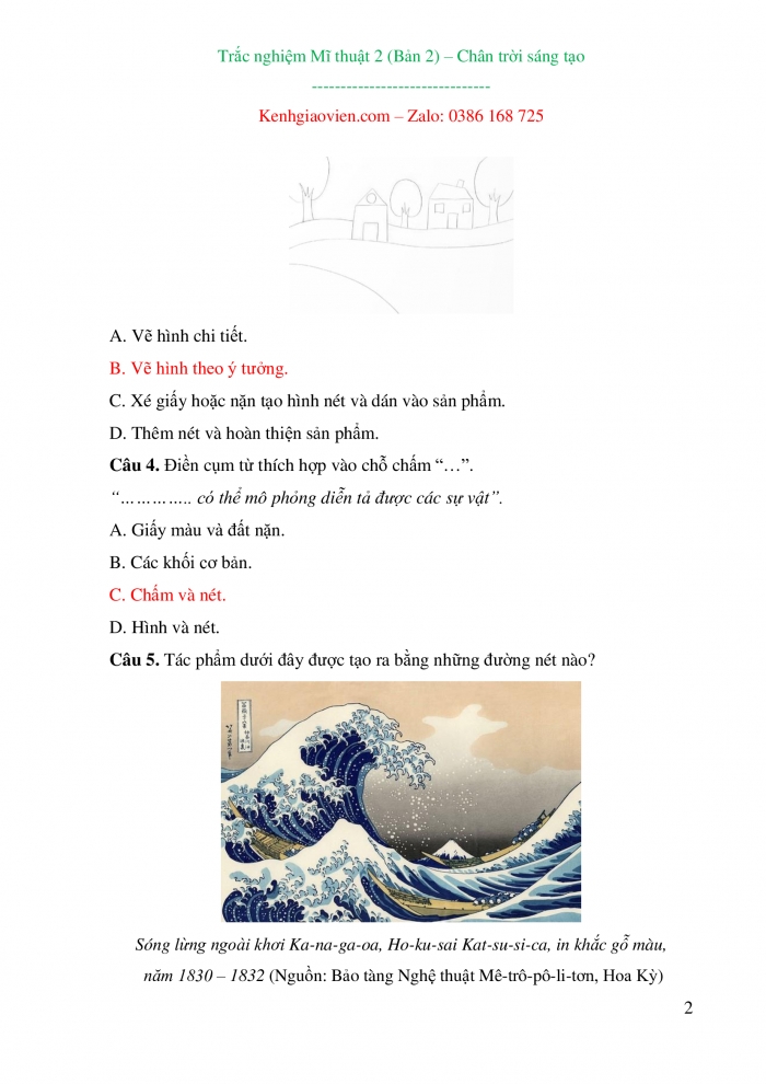 Trắc nghiệm Mĩ thuật 2 chân trời sáng tạo bản 2