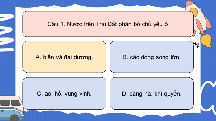 Trò chơi khởi động Địa lí 6 chân trời Bài 16: Thuỷ quyền. Vòng tuần hoàn nước. Nước ngầm, băng hà