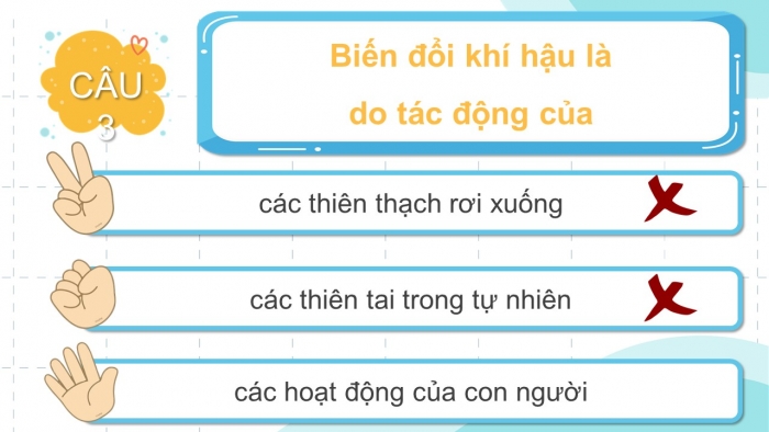 Trò chơi khởi động Địa lí 6 chân trời Bài 14: Biến đổi khí hậu và ứng phó với biến đổi khí hậu