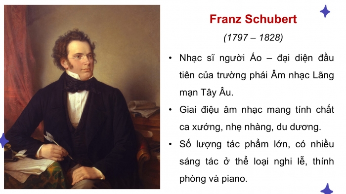 Giáo án điện tử Âm nhạc 9 kết nối Tiết 29: Thường thức âm nhạc Nhạc sĩ Franz Peter Schubert và khúc nhạc Serenade, Ôn bài hát Donna Donna