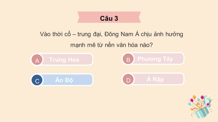 Trò chơi khởi động Lịch sử 6 chân trời Bài 12: Các vương quốc ở Đông Nam Á trước thế kỉ X