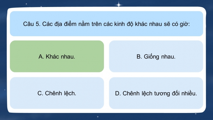 Trò chơi khởi động Địa lí 6 cánh diều Bài 6: Chuyển động tự quay quanh trục của Trái Đất và các hệ quả địa lí