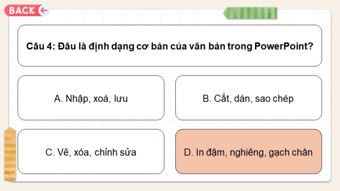 Trò chơi khởi động Tin học 7 kết nối Bài 12: Định dạng đối tượng trên trang chiếu