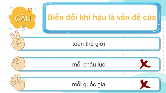 Trò chơi khởi động Địa lí 6 chân trời Bài 14: Biến đổi khí hậu và ứng phó với biến đổi khí hậu