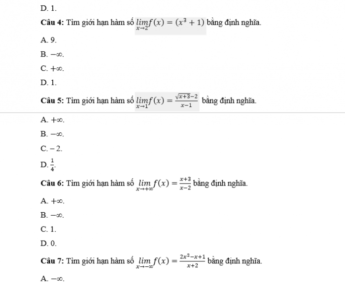Phiếu trắc nghiệm Toán 11 kết nối Bài 16: Giới hạn của hàm số