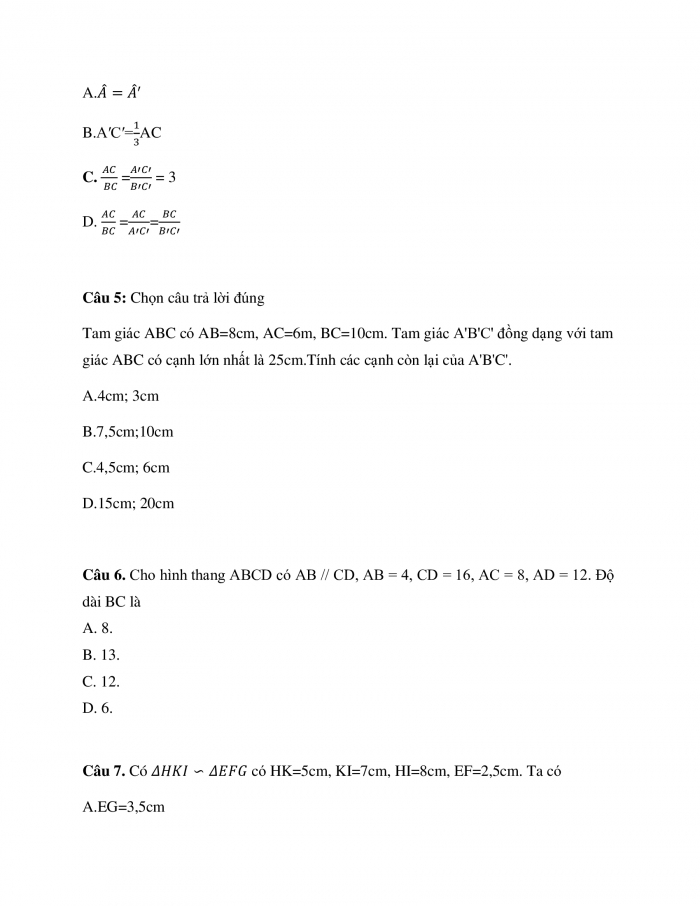 Phiếu trắc nghiệm Toán 8 cánh diều Chương 8 Bài 6: Trường hợp đồng dạng thứ nhất của tam giác