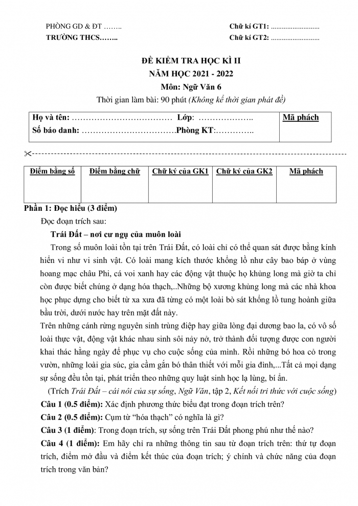 Đề kiểm tra cuối kì 2 ngữ văn 6 kết nối tri thức