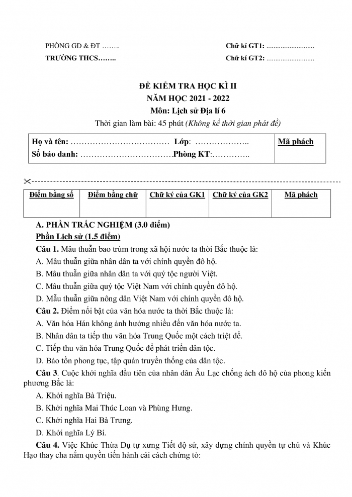 Đề kiểm tra cuối kì 2 lịch sử và địa lí 6 chân trời sáng tạo