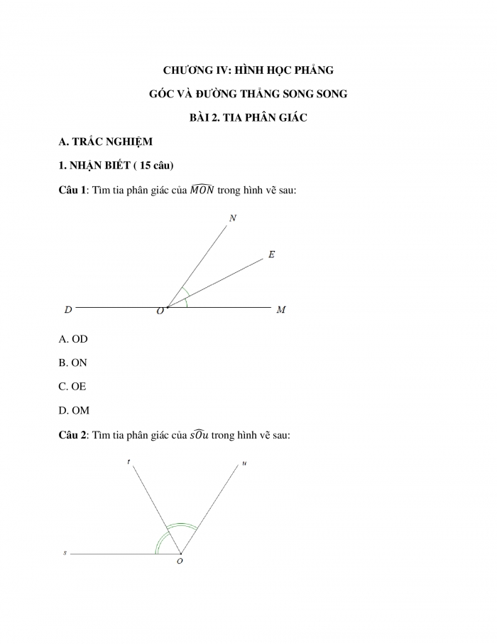 Trắc nghiệm toán 7 chân trời sáng tạo Chương 4 Bài 2: Tia phân giác