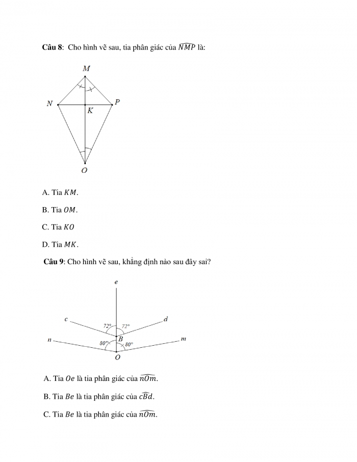 Trắc nghiệm toán 7 chân trời sáng tạo Chương 4 Bài 2: Tia phân giác