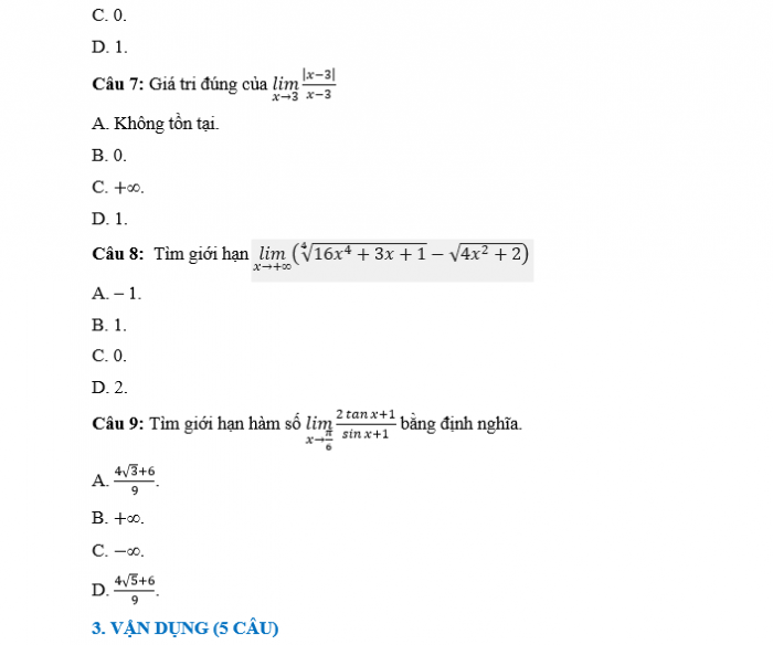 Phiếu trắc nghiệm Toán 11 kết nối Bài 16: Giới hạn của hàm số