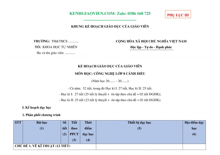 Tải phụ lục 3 Công nghệ 8 cánh diều file word