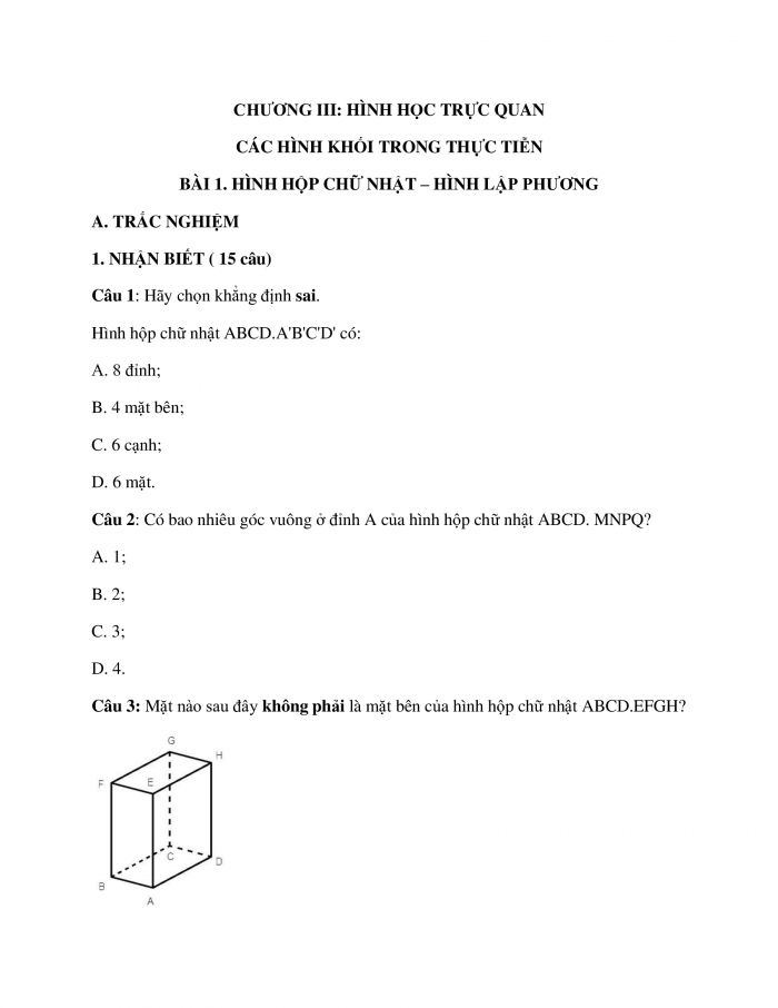 Trắc nghiệm toán 7 chân trời sáng tạo Chương 3 Bài 1: Hình hộp chữ nhật - Hình lập phương