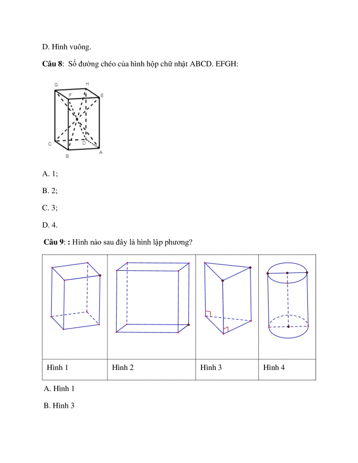 Trắc nghiệm toán 7 chân trời sáng tạo Chương 3 Bài 1: Hình hộp chữ nhật - Hình lập phương