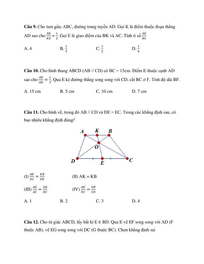 Phiếu trắc nghiệm Toán 8 cánh diều Chương 8 Bài 1: Định lí Thalès trong tam giác