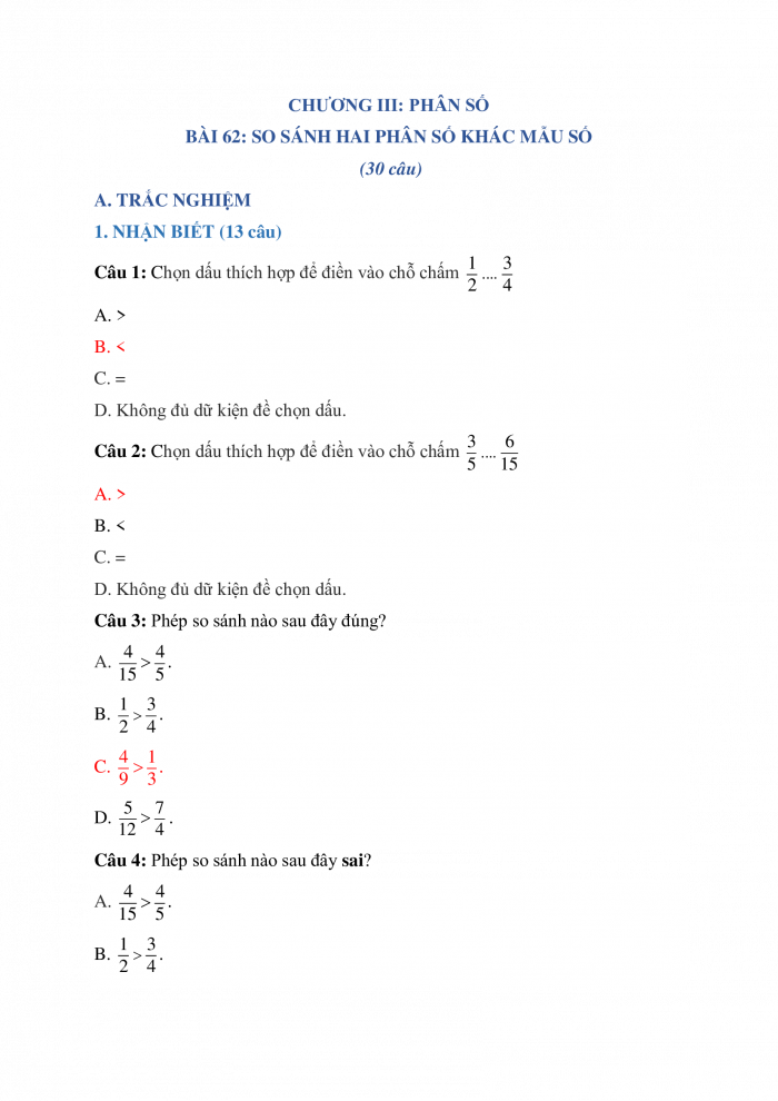 Phiếu trắc nghiệm Toán 4 cánh diều Bài 62: So sánh hai phân số khác mẫu số