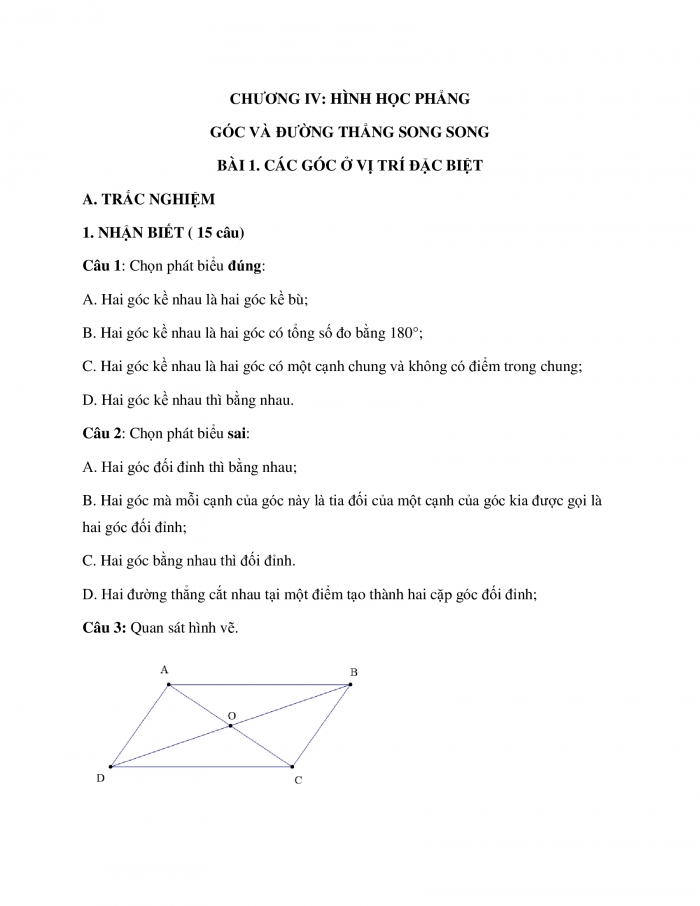 Trắc nghiệm toán 7 chân trời sáng tạo Chương 4 Bài 1: Các góc ở vị trí đặc biệt