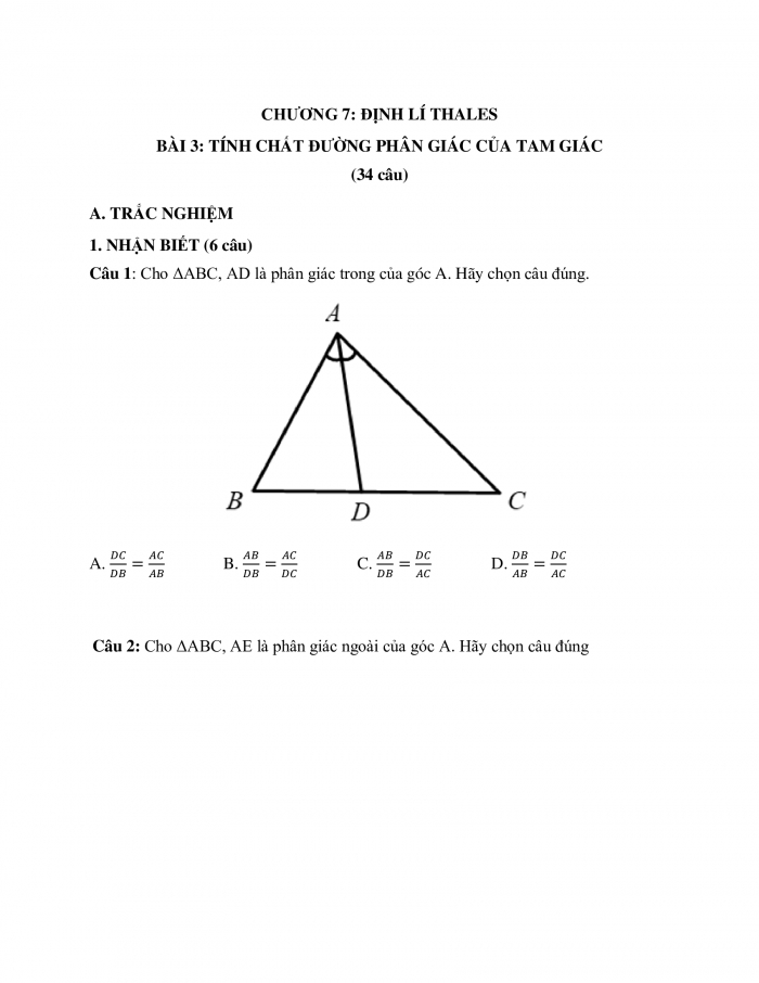 Phiếu trắc nghiệm Toán 8 cánh diều Chương 8 Bài 4: Tính chất đường phân giác của tam giác