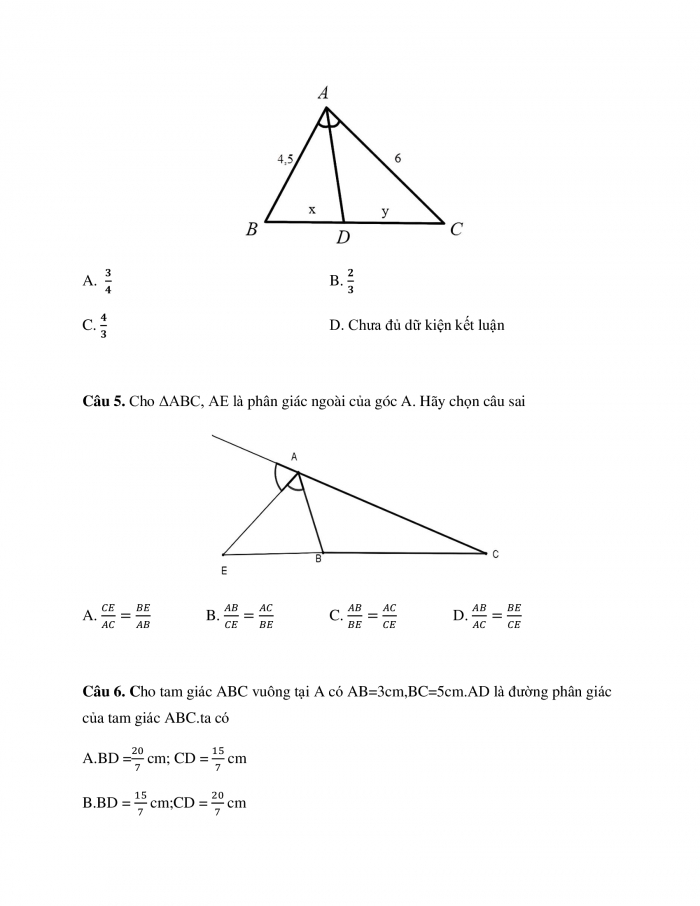 Phiếu trắc nghiệm Toán 8 cánh diều Chương 8 Bài 4: Tính chất đường phân giác của tam giác