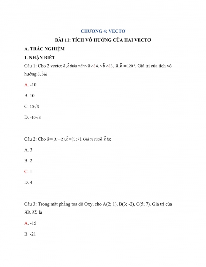 Trắc nghiệm toán 10 kết nối tri thức Bài 11_ Tích vô hướng của hai vecto