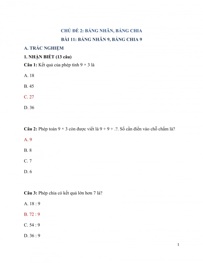 Trắc nghiệm Toán 3 Kết nối tri thức Bài 12: bảng nhân 9, bảng chia 9