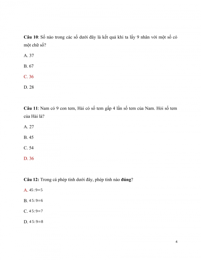 Trắc nghiệm Toán 3 Kết nối tri thức Bài 12: bảng nhân 9, bảng chia 9