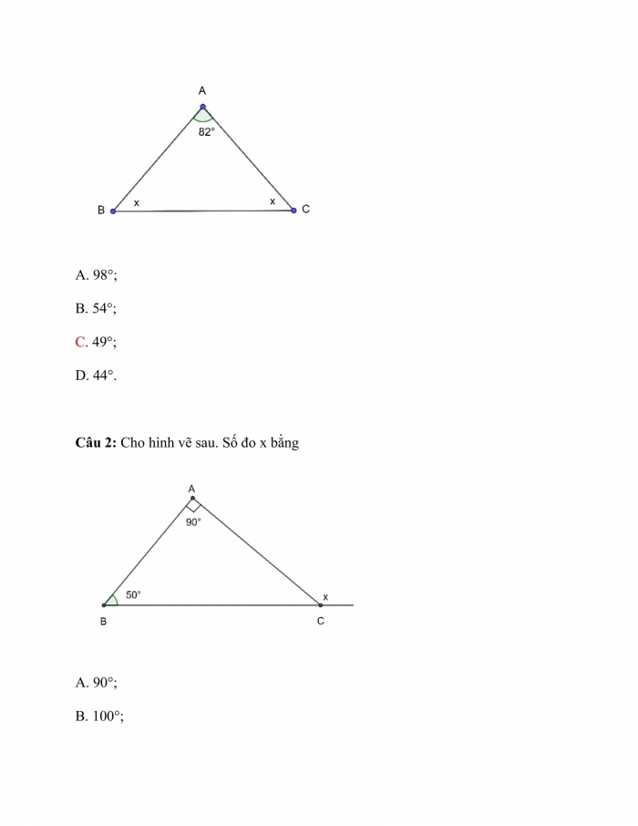 Trắc nghiệm toán 7 chân trời sáng tạo Bài 12: tổng các góc trong một tam giác