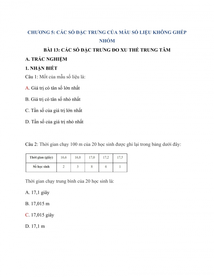 Trắc nghiệm toán 10 kết nối tri thức Bài 13_Các số đặc trưng đo xu thế trung tâm