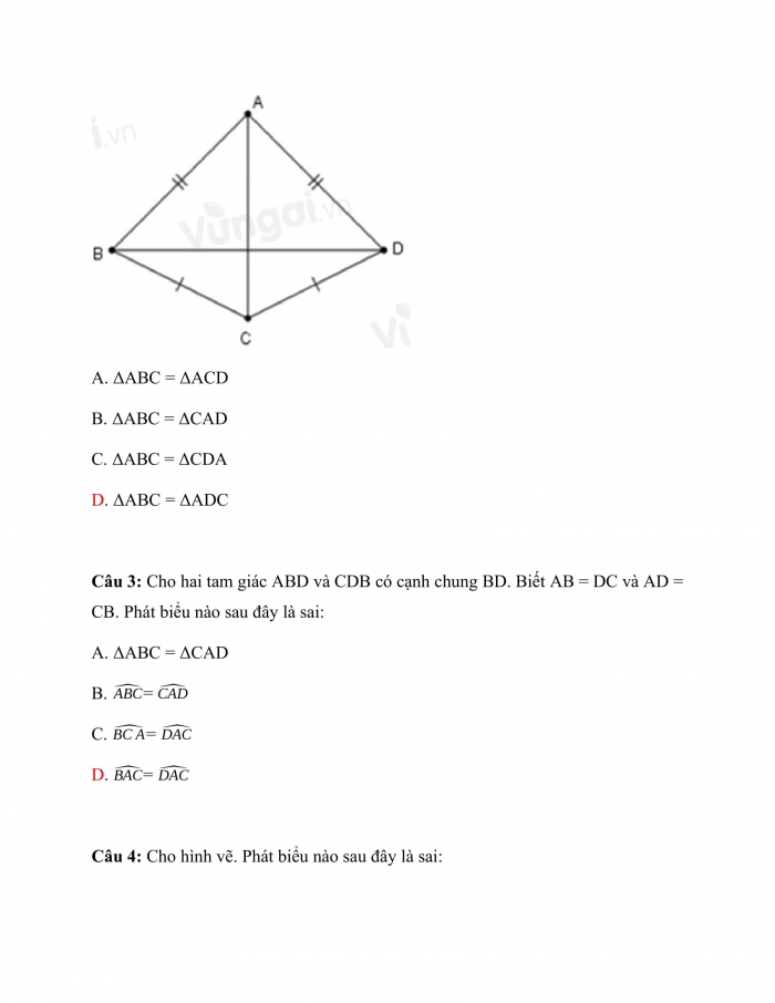 Trắc nghiệm toán 7 chân trời sáng tạo Bài 13: hai tam giác bằng nhau, trường hợp bằng nhau thứ nhất của tam giác