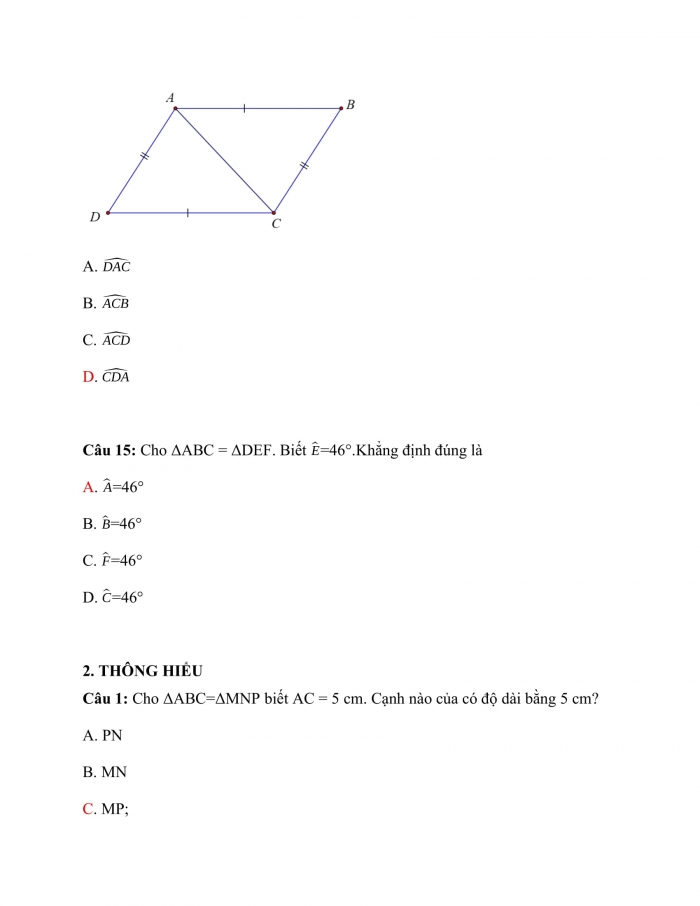 Trắc nghiệm toán 7 kết nối tri thức Bài 13:  Hai tam giác bằng nhau, trường hợp bằng nhau thứ nhấy của tam giác