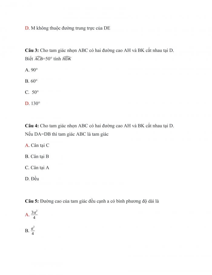 Trắc nghiệm toán 7 cánh diều Chương 7 Bài 13: Tính Chất Ba Đường Cao Của Tam Giác