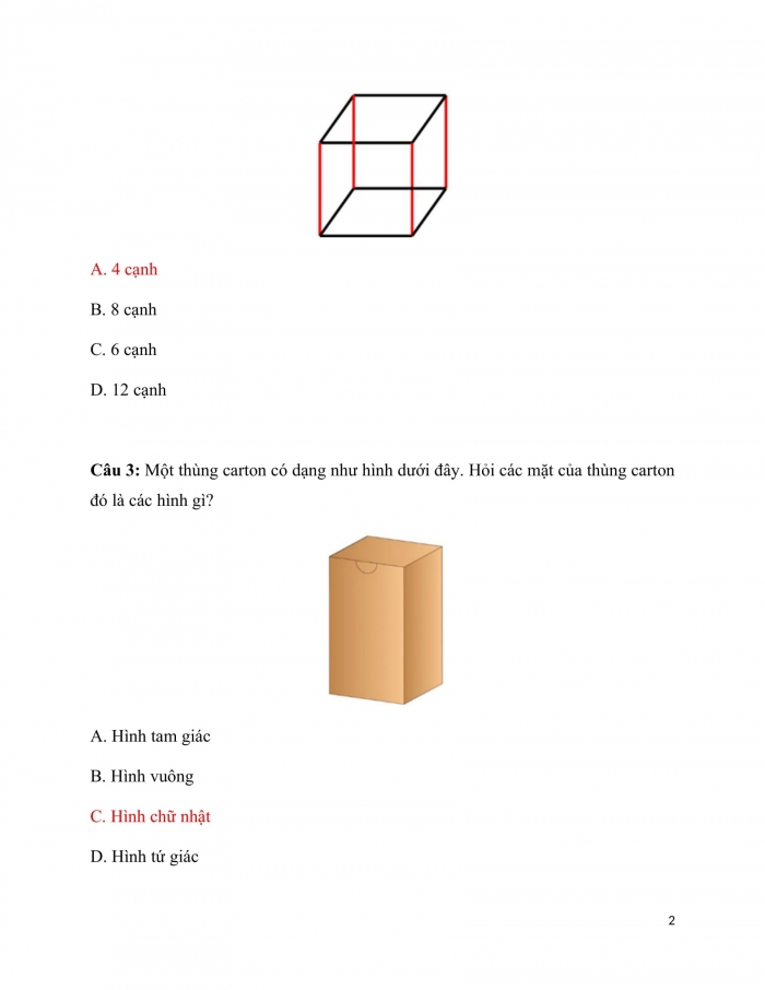 Trắc nghiệm Toán 3 Cánh diều (Tập 2) Bài 14: khối hộp chữ nhật. Khối lập phương