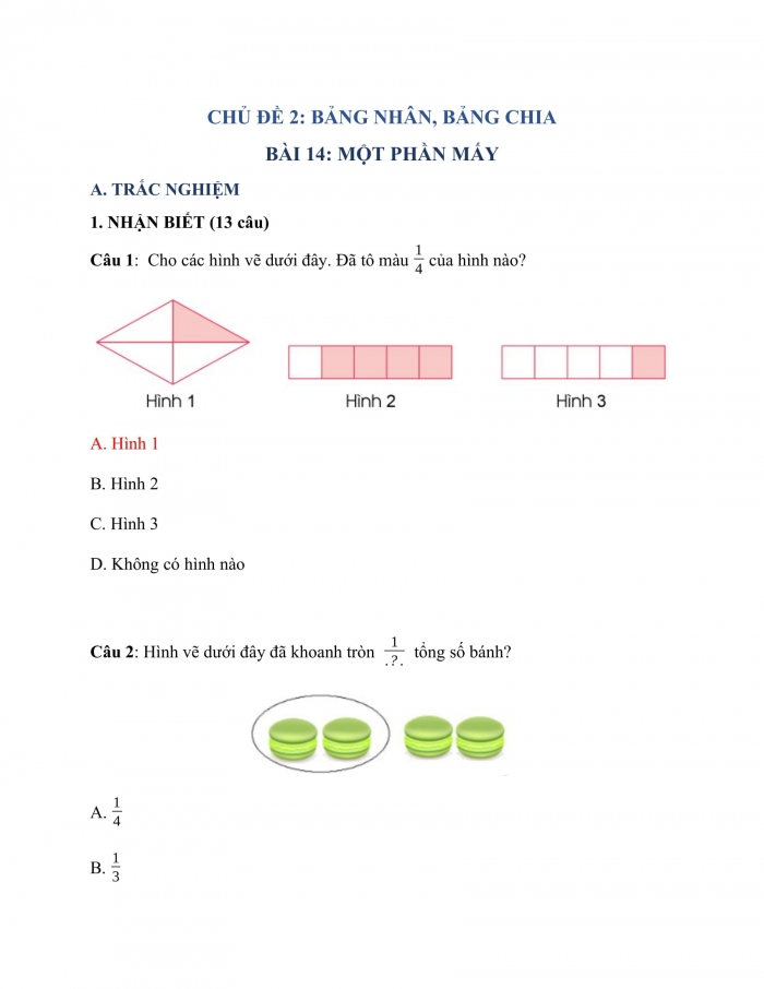 Trắc nghiệm Toán 3 Kết nối tri thức Bài 14: một phần mấy