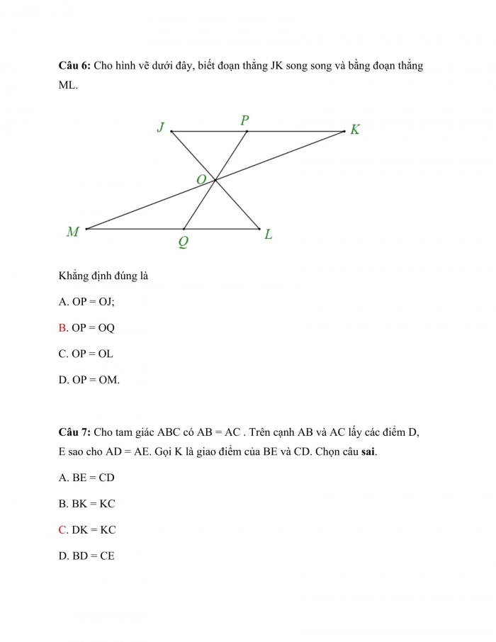 Trắc nghiệm toán 7 kết nối tri thức Bài 14: Trường hớp bằng nhau thứ hai và thứ ba của tam giác