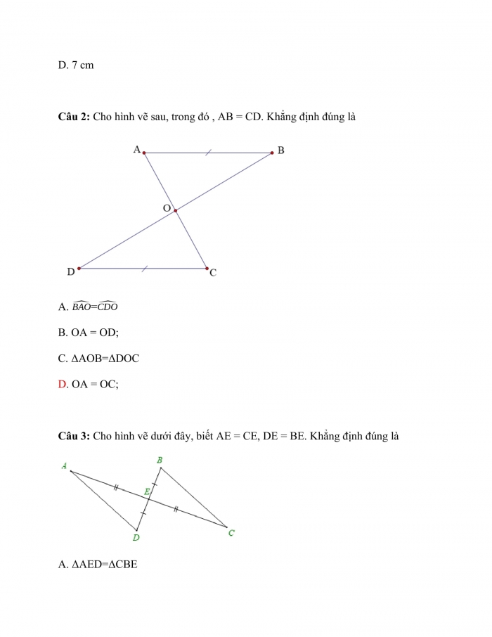Trắc nghiệm toán 7 kết nối tri thức Bài 14: Trường hớp bằng nhau thứ hai và thứ ba của tam giác