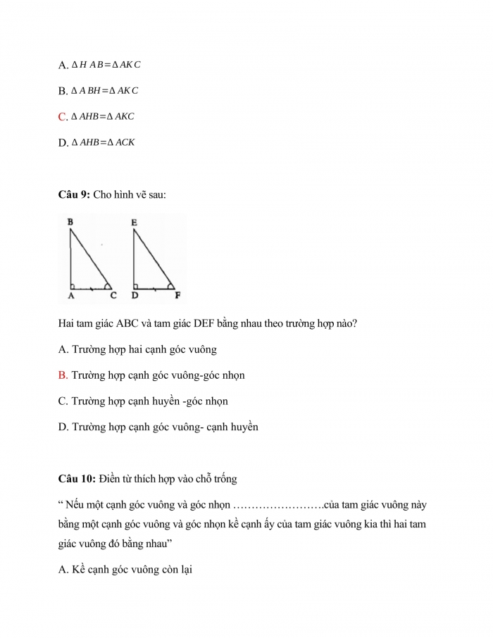 Trắc nghiệm toán 7 chân trời sáng tạo Bài 15: các trường hợp bằng nhau của tam giác vuông
