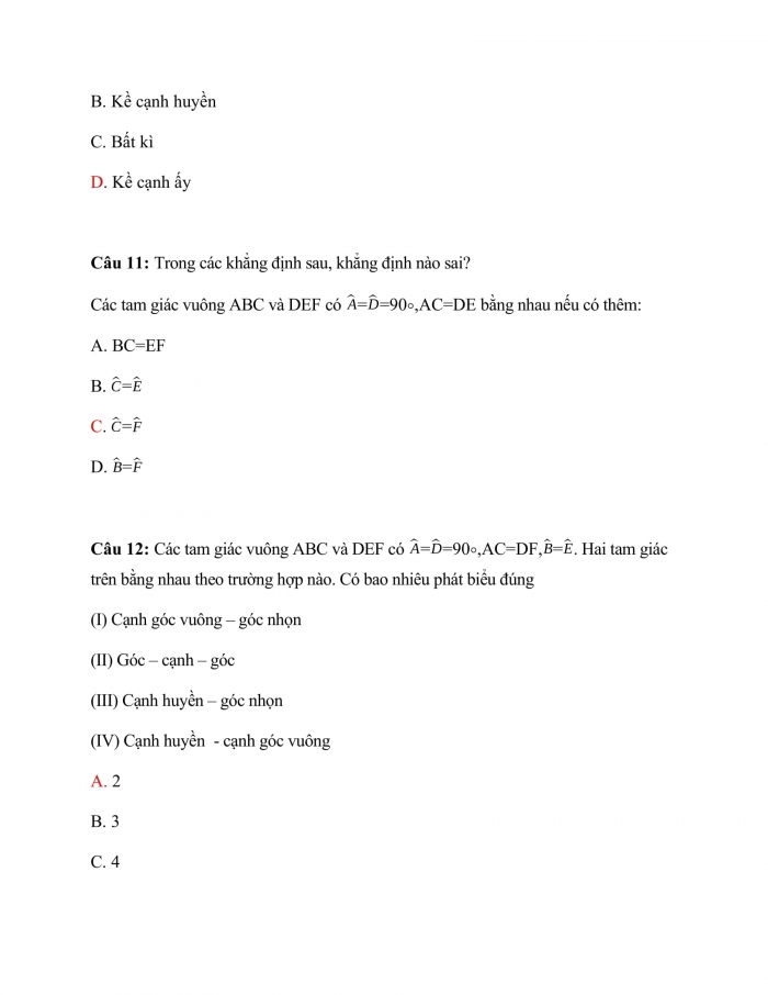 Trắc nghiệm toán 7 kết nối tri thức Bài 15: Các trường hợp bằng nhau của tam giác vuồng
