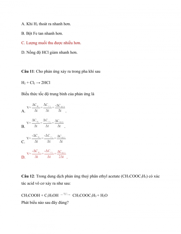 Trắc nghiệm hoá học 10 chân trời sáng tạo Bài 15: phương trình tốc độ phản ứng và hằng số tốc độ phản ứng