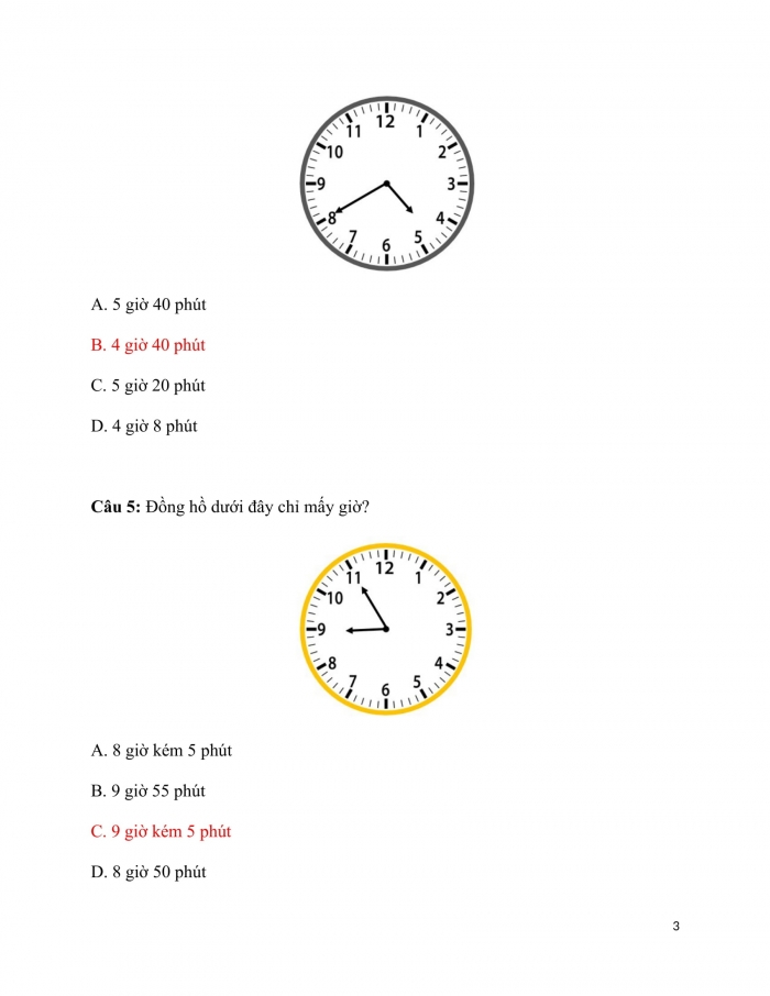 Trắc nghiệm Toán 3 Cánh diều (Tập 2) Bài 15: thực hành xem đồng hồ