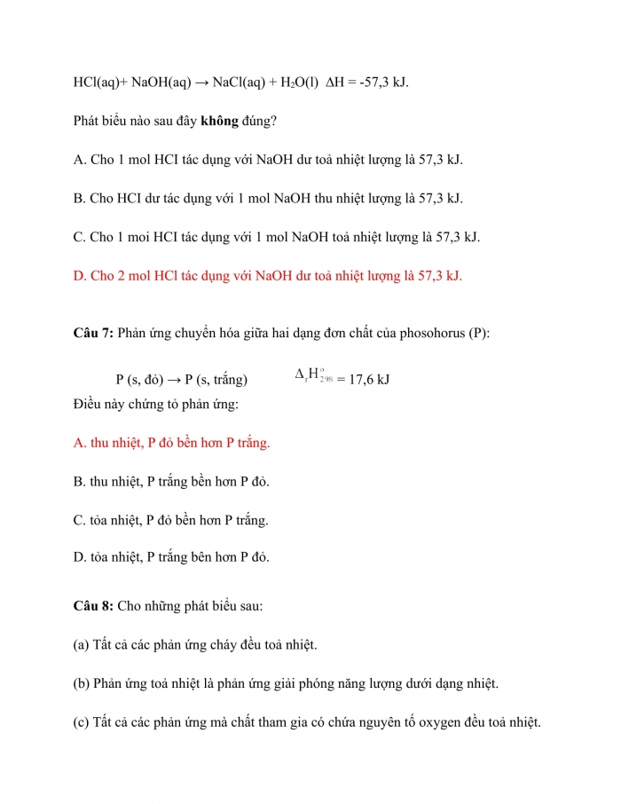 Trắc nghiệm hoá học 10 cánh diều Bài 15: ý nghĩa và cách tính biến thiên enthalpy phản ứng hóa học