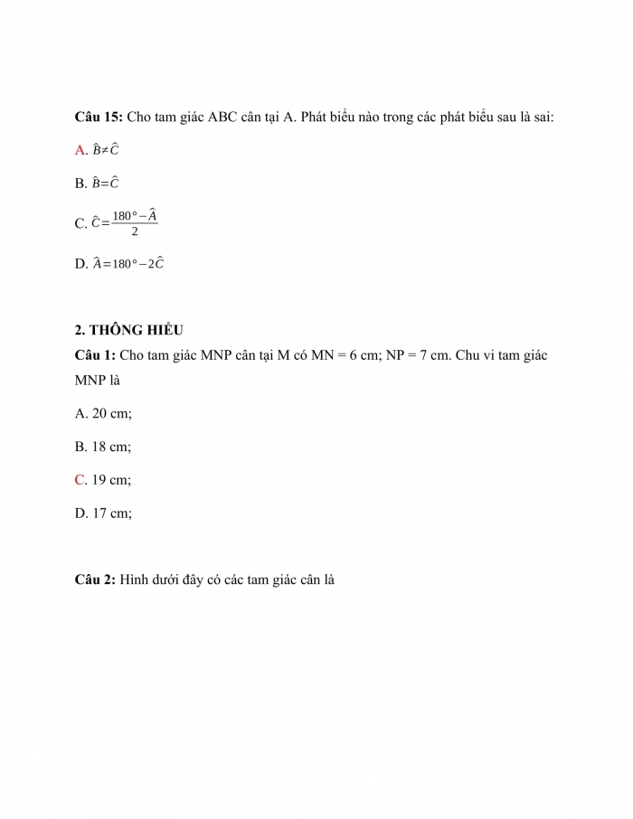 Trắc nghiệm toán 7 kết nối tri thức Bài 16: Tam giác cân, đường trung trực của đoạn thẳng