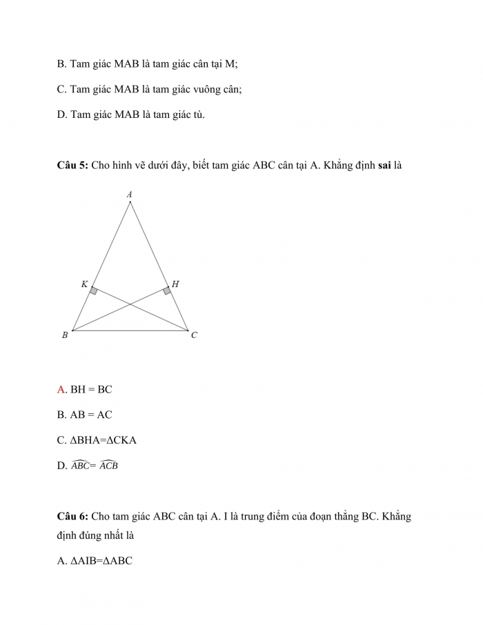 Trắc nghiệm toán 7 kết nối tri thức Bài 16: Tam giác cân, đường trung trực của đoạn thẳng