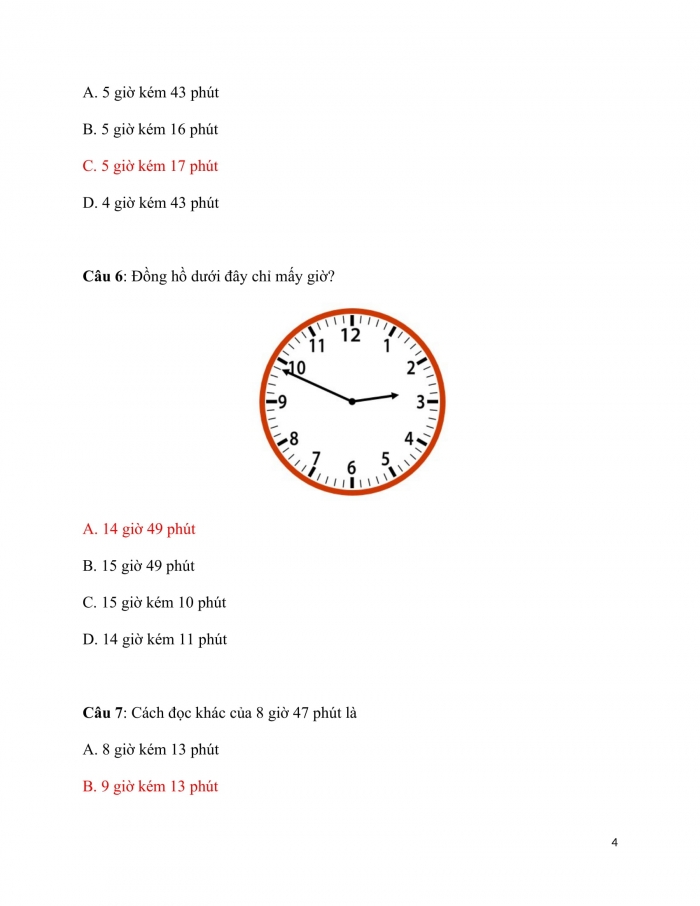 Trắc nghiệm Toán 3 Cánh diều (Tập 2) Bài 16: thực hành xem đồng hồ (tiếp theo)