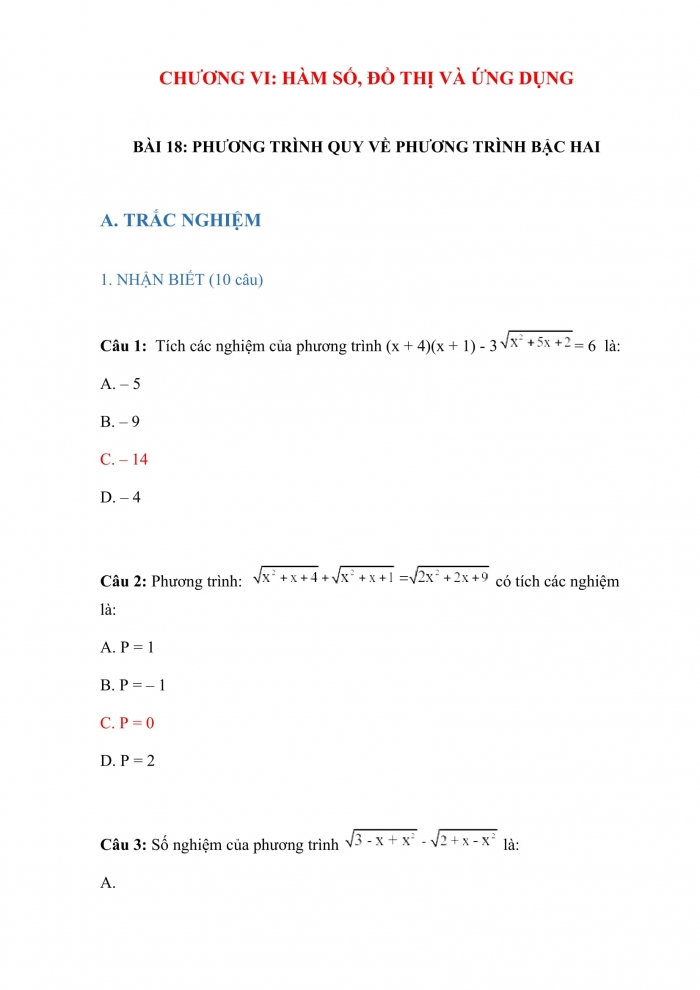Trắc nghiệm toán 10 kết nối tri thức Bài 18: phương trình quy về phương trình bậc hai