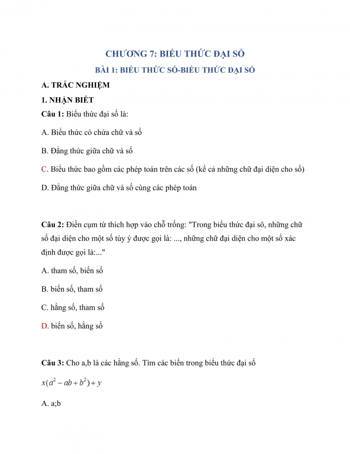 Trắc nghiệm toán 7 chân trời sáng tạo Chương 7 Bài 1: Biểu Thức Số-Biểu Thức Đại Số 