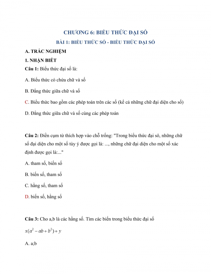 Trắc nghiệm toán 7 cánh diều Chương 6: Bài 1: Biểu Thức Số - Biểu Thức Đại Số 