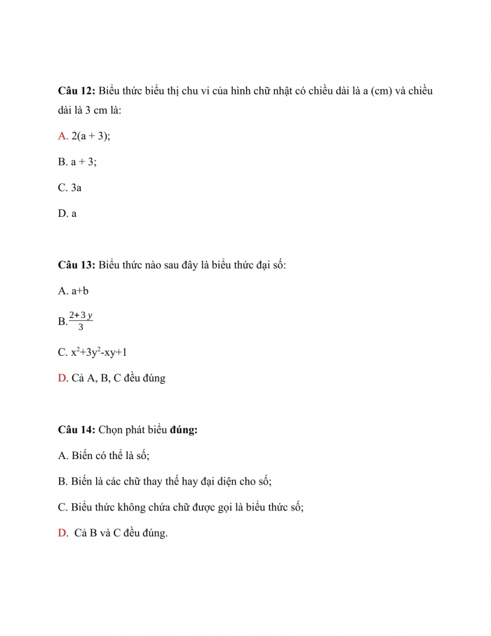 Trắc nghiệm toán 7 cánh diều Chương 6: Bài 1: Biểu Thức Số - Biểu Thức Đại Số 